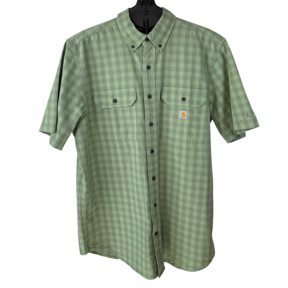 Carhartt Mens Loose Fit Short Sleeve Plaid Button Down Shirt Green